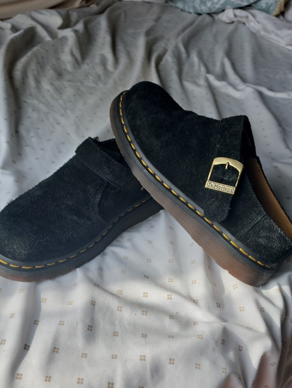Dr. Martens Black Suede Slip-On Loafers with Gold Buckle - Picture 3 of 6